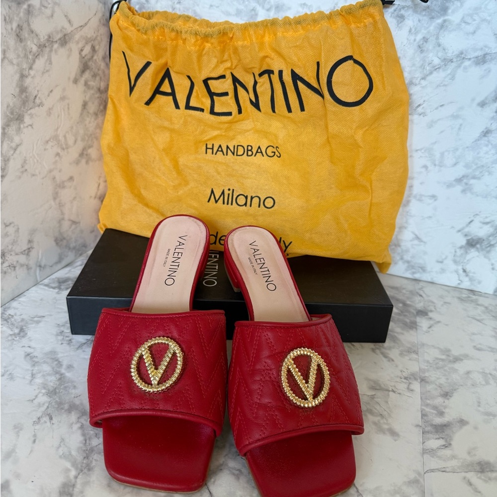 Valentino Red Mules with Gold Logo Accent